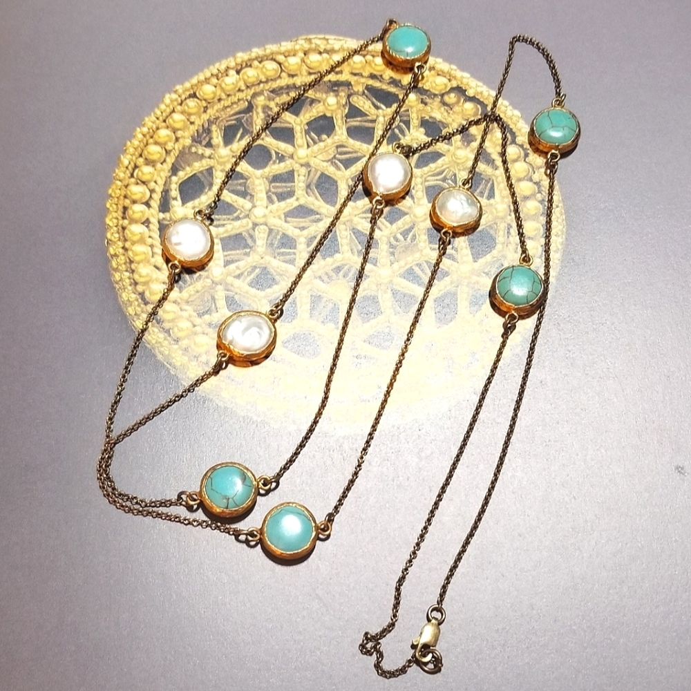 44" Gold Vermeil Turquoise & Coin Pearl Vintage Station Necklace - Picture 2 of 6